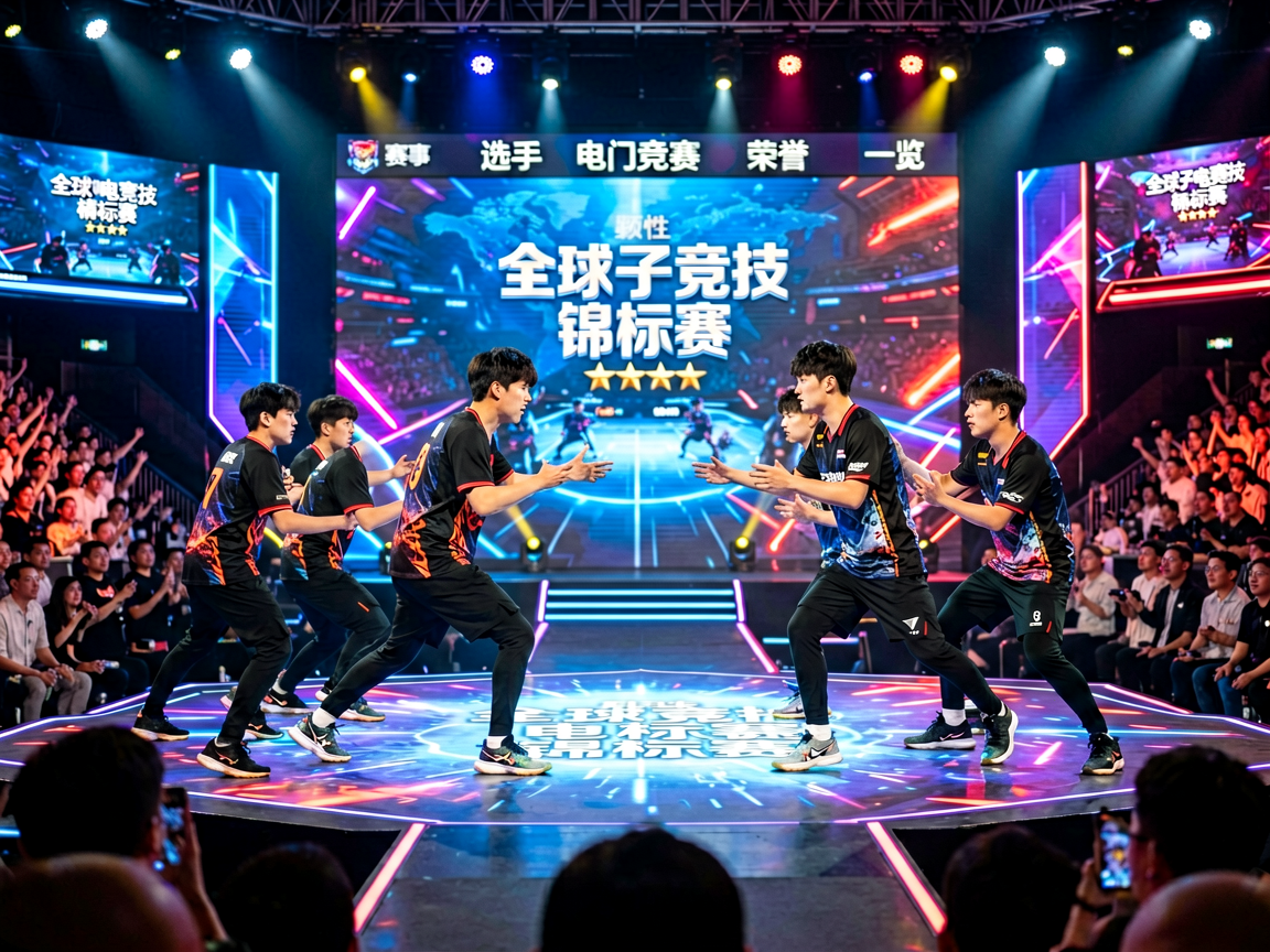 全球性电子竞技锦标赛现场，选手在舞台上进行激烈对局